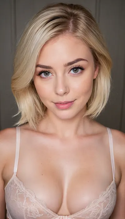 ziprealism, (medium closeup shot, sharp focus, focus on eyes, perfect eyes:1.2), (adoring girlfriend, sense of playfulness, intimate esthetic, mischievous eyes, charismatic, loving gaze), (subtle freckles, soft blush), (ash-blonde hair, short cut hair, swept-back hairstyle, voluminous hair, stray hair:1.6), (round face, heartshaped face, soft face, large doe eyes, subtle makeup, long eyelashes, adorable dimples:1.5), (intricate bra, cleavage:1.8), shallow depth of field, bokeh background, RAW photo quality, striking visual contrast, (overexposed:.4), <lora:Rawfully Stylish v0.2_epoch_20:.1>