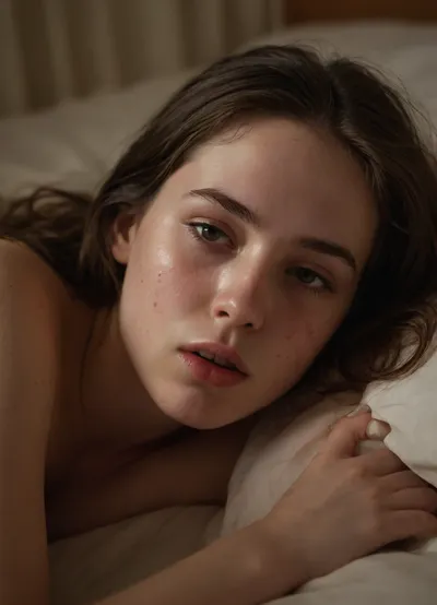Close-up on the head of a delicate, youthful girl, her soft, pale skin marred by the remnants of a long and intense session, lying on a plush, worn-out bed in a dimly lit, sun-drenched room. Her face is turned directly toward the viewer, revealing a profound sense of exhaustion and sorrow, with tears cascading down her cheeks, her once-pristine makeup now smudged and ruined, a testament to the emotional and physical toll of the ordeal. The scene is bathed in a warm, golden light that accentuates the delicate contours of her face, creating a poignant, almost surreal atmosphere as the soft, warm morning light filters through the curtains, casting a gentle glow over the bed and the remnants of a small, lingering puddle of cum that has slowly accumulated on the mattress, a subtle yet significant detail that adds a layer of intimacy and vulnerability to the moment. The overall mood is one of quiet despair and raw emotion, capturing the essence of a moment that is both intimate and deeply human, with the soft, ambient sounds of the early morning outside, the faint hum of the air conditioner, and the distant chirping of birds creating a serene, almost melancholic backdrop to the scene., (cum running out of mouth onto bed:1.5)
