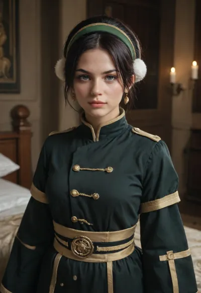 metal bedding Toph Beifong from legend of Kora standing proud in republic city wearing her black uniform