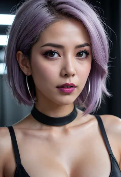 Haruka, scientist, female, close up, expression playful and suggestive, (medium choppy light purple/gray hair), dark gray/black outfit, (deep cleavage), purple lipstick, large silver hoop earrings, purple/gray jewelry, dark background, (sci-fi)
