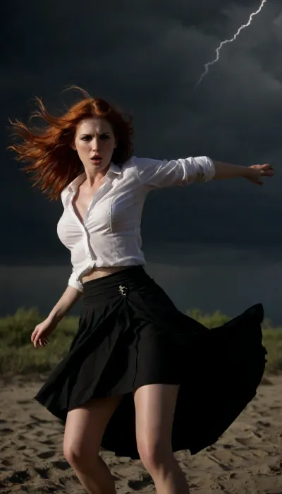 beach, professional photography, high quality, romantic atmosphere, beautiful thin red hair woman witch, unbuttonedshirt, lighting bolt, show pussy, upskirt, storm, long skirt, (((windyskirtlift))), (((wind lifting skirt))), ((Wind)), (((strong wind))), hairy pussy, show nipples, sunlight_str1, <lora:add-detail-xl:2>, <lora:dark:.8>, <lora:undressing_XL_v1:2>, <lora:sunlight_str1-SDXL_v1-dim64-steps1691:.8>