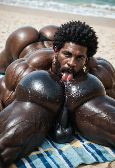 black daddy sucking big white cock, 60-years-old, muscles, big pecs, (big pecs:1.3), big bulge, big booty, full beard, big thick mustache, (short afro haircut:1.1), dark black skin, oily skin, (black skin:1.4), (black daddy:1.5), rimming ass, white man, denim, daisy duke short, unbuttoned denim short, flashy multicolor thong apparent, (thong apparent), fucker white man, lying on towel, in sunny beach, saliva, (saliva:1.5), sucking cock hardcore gay, from front daddy view, look the viewer