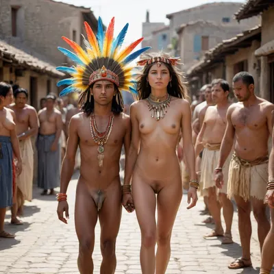 A preColumbian priest and priestess, both nude except for a headdress of brightly colored bird feathers, escort a nude, slightly dark-skinned young man and woman down a narrow street lined with small stone houses and sidewalks filled with spectators in native dress, at noon on a sunny day.