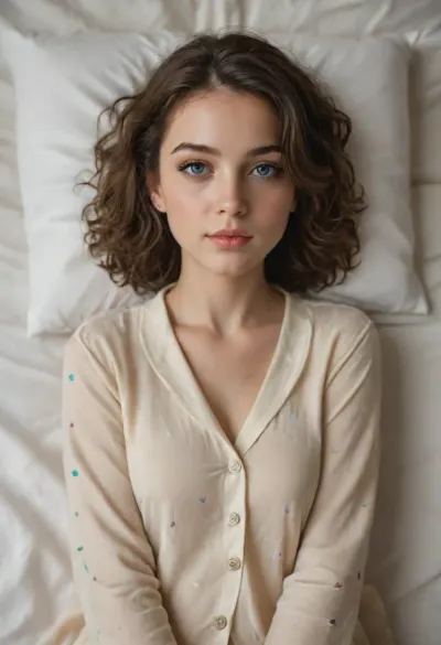 Image of a charming girl, 18-year-old neighbor, innocent, seductive, sweet, disheveled hair, (masterpiece), amateur, photorealistic, <lora:koreanDollLikeness:.5>, <lora:age_slider-LECO-v1:-2>, sexy, pajamas, <lora:SexyPajamas-000012:.5>, lying in bed, watching a movie with her boyfriend, boyfriend, Slim, a little tall, hair not very curly