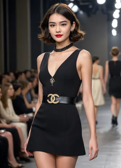 Highly detailed image, bright saturated colours, 8K quality, Asian girl on the catwalk, wearing a super short black dress by Coco Chanel, dress with open back, in the front the harness goes behind the neck leaving the shoulders open, deep cleavage, on the belt a buckle in the form of the emblem of Coco Chanel, high heels, smiling, full-length view