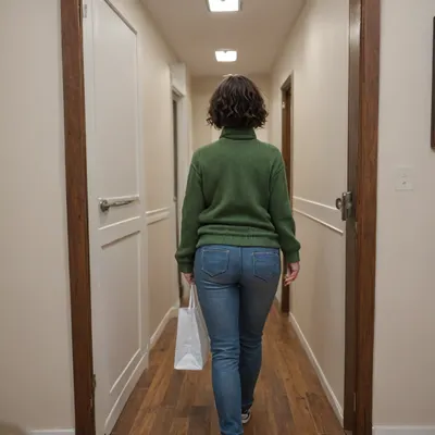 close up of a 28 year old woman, (turning her back to viewer:1.2), (walking away, turning around to viewer:1.2), (photo taken from behind her:1.5), (nice ass), (opening door), (open door), (white shopping bag in her hand), (hand on door handle:1.1), walking, white sneakers, (wearing a dark emerald green turtleneck cashmere pullover:1.4), long jeans, (dark green pullover:1.1), (middle parting), short dark hair, (curly bobcut:1.1), short wavy hair, middle parting, looking distressed, indoors, (small empty room with white walls and a cheap desk), (alone:1.1), wooden floor, sweaty skin, (speaking), (snapshot)