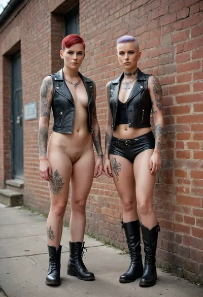 two women with shaved heads and different body shapes and leather vests and leather boots, full frontal nude, numerous ornamental colorful tattoos on neck and legs and arms and belly, freckles, in front of old brick wall, <lora:0181 dirty toilet_xl_v2:.4>, <lora:PostApocalyptic_Chernobyl_v3:.9>