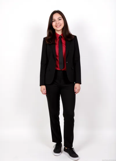 girl, argentina, black hair, full body, 18 years old, smile, perfect pussy, black suit, red office shirt long sleeve, black tie, black sneakers, white background