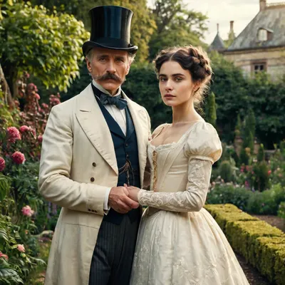 Photography in style of a 19th century couple portrait, of one older gentleman and his young wife, in a lordly garden.
The man is dressed like a rich 19th century gentleman, wearing a suit, monocle, top hat, mustache. On his side is a petite, young woman, wearing a simple 19th century wedding dress. One of his hands gropes her breast.