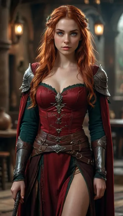 Extremely beautiful elegant elf woman, mid-thirties, (youthful oval face with high cheekbones), graceful, (long wavy red hair, braided with silver ribbons), (round green eyes), (wearing a fitted, red dress with subtle embroidery reinforced with elven armor, a dark cloak and high leather boots), (in dark medieval tavern), realistic detailed face, realistic detailed hair, realistic detailed body, realistic detailed skin, realistic detailed shaved pussy, realistic detailed breasts, random view angle, action pose, hkstyle, detailxl, <lora:add-detail-xl:1.5>, <lora:style_lora_realis:.5>, <lora:hkstyleV5:.8>