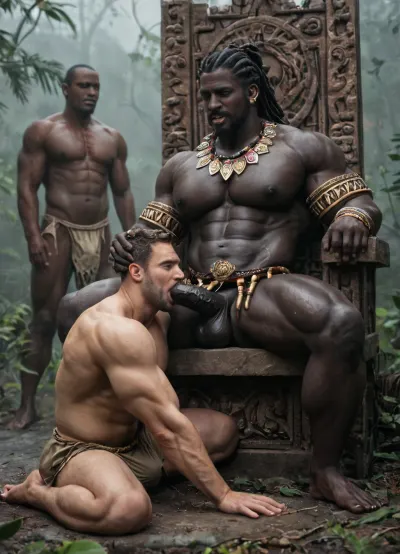 African village, jungle king, bkack jungle king, ripped tribal costume, suck black dick, giving blowjob to black man, the black man is a king, sitting on throne, many naked black men around, harem, all men are wearing tribal costume, muscular, super manly look, angry, fog, (fog:1.3), A black slut daddy, 60-years-old, muscles, big pecs, (big pecs:1.3), big bulge, big booty, (big booty:1.6), full beard, big thick mustache, (dreadlocks hair:1.1), dark black skin, (black skin:1.4), (old black daddy:1.4), only gay men, gay sex scene, hardcore, hot gay, no woman