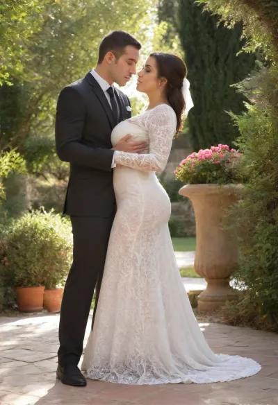 Bride and groom fully visible in frame, standing in a sunlit garden with blooming flowers. The Iranian bride with a curvy body wears a delicate, all-lace wedding dress with intricate patterns and long sleeves, softly hugging her silhouette. The muscular Senegalese groom stands tall beside her in a classic dark suit, gently holding her waist. Both look slightly away from the camera, lost in a tender moment., (soft natural lighting), (romantic atmosphere), (fine lace texture visible), (balanced composition), (elegant, timeless), . bukkake, cum, <lora:MS_Real_XL_Bukkake:1.5>