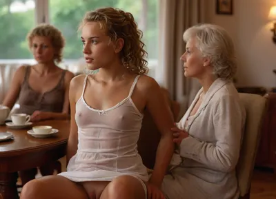 front view of deeply tanned 18 years old girl with very long curly blonde pony tail wearing tight translucent unbuttoned extremely short white mini dress sitting in upright position on an armchair in a living room, ((girl exposing her tanned naked shaved pussy beneath her white mini dress)), tight translucent unbuttoned extremely short white mini dress, pantieless, naked shaved pussy, clitoris, firm medium breasts, very deep suntan, view from opposite, focus on girl, (((group of clothed elderly people in formal clothes drinking coffee at table behind girl in blurred background:1.5))), upskirt, vagina, out, shot, front, clothes, braless, Wearing, that, make, sense, with, Braless>, <lora:MJ52:.6>, <lora:DetailedEyes_V3:.6>, <lora:upskirt:.4>, <lora:bralessSDXL_v1_00022:.4>