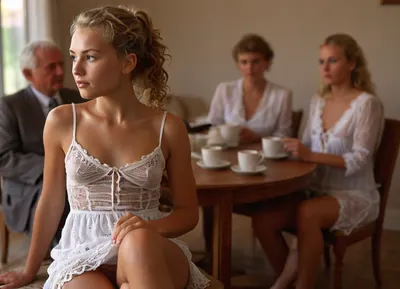 front view of deeply tanned 19 yo girl with very long curly blonde pony tail wearing tight translucent unbuttoned extremely short laced white mini dress sitting in upright position on an armchair in a living room, ((girl exposing her tanned naked shaved pussy beneath her white laced mini dress)), tight translucent unbuttoned extremely short white laced mini dress, pantieless, naked shaved pussy, clitoris, firm medium breasts, very deep suntan, view from opposite, (((group of clothed elderly people in formal clothes drinking coffee at table behind girl in blurred background:1.5))), exposed naked pussy, shaved pussy, upskirt, vagina, out, shot, front, clothes, braless, Wearing, that, make, sense, with, Braless>, <lora:MJ52:.5>, <lora:DetailedEyes_V3:.5>, <lora:upskirt:.5>, <lora:bralessSDXL_v1_00022:.5>