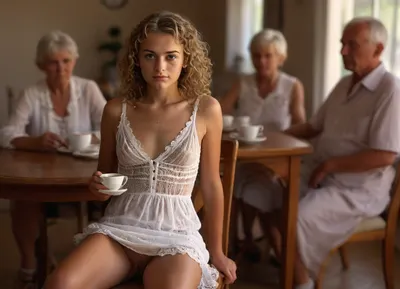 deeply tanned 21 yo woman with very long curly dark blonde hair wearing tight translucent deeply unbuttoned extremely short laced white mini dress, sitting in upright position with one leg pulled up on an armchair in a living room, ((21yo woman exposing her tanned naked shaved pussy beneath her white laced mini dress)), tight translucent deeply unbuttoned extremely short white laced mini dress, pantieless, naked shaved pussy, detailed clitoris, firm medium breasts, very deep suntan, view from opposite, (((group of clothed elderly people in formal clothes drinking coffee at table behind woman in blurred background:1.5))), exposed naked pussy, shaved pussy, upskirt, vagina, out, shot, front, clothes, braless, Wearing, that, make, sense, with, Braless>, <lora:MJ52:.5>, <lora:DetailedEyes_V3:.5>, <lora:upskirt:.5>, <lora:bralessSDXL_v1_00022:.5>