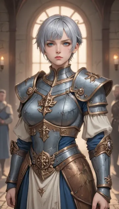 adepta sororitas from warhammer 40k, drawn in anime style with defined muscles all over her body, there is scars dirt and soot on the face, sharp chin, sharp cheekbones, blue eyes, dirty short white hair, pixie cut haircut, disgust at what is happening on her face, extremely muscular body, extremely defined muscles, hourglass figure, perfect round breasts, (adepta sororitas armor:1.8), standing, posing, around the interior of a medieval fortress, illuminated by the torch light, perfect fingers, style anime, inspired illustration, oda, non, front view, adepta, sororitas, <lora:cartoon_stickers_xl_v1:1.4>, <lora:hentai_anime_style_xl_v1:1>, <lora:AnimatedNightmaresStyle:.1>, <lora:EnvyBeautyXL02:.8>, <lora:adepta_sororitas_xl_v1:2>