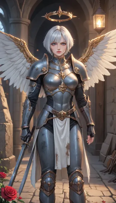 adepta sororitas from warhammer 40k, drawn in anime style with defined muscles all over her body, there is scars dirt and soot on the face, sharp chin, sharp cheekbones, blue eyes, dirty short white hair, pixie cut haircut, disgust at what is happening on her face, extremely muscular body, extremely defined muscles, hourglass figure, perfect round breasts, (adepta sororitas armor:1.8), standing, posing, around the interior of a medieval fortress, illuminated by the torch light, perfect fingers, style anime, inspired illustration, oda, non, front view, whsororitas, edgAdepta, wearing, power, armor, shoulder, skull, emblem, iron, halo, wings, sword, chain, barefoot, ARGENT, SHROUD, BLOODY, ROSE, ADEPTA, SORORITAS, WARSUIT, MECHANICAL, WINGS, sob, <lora:cartoon_stickers_xl_v1:1.4>, <lora:hentai_anime_style_xl_v1:1>, <lora:AnimatedNightmaresStyle:.1>, <lora:EnvyBeautyXL02:.8>, <lora:Sisters-of-Battle-subset-000004:1.3>