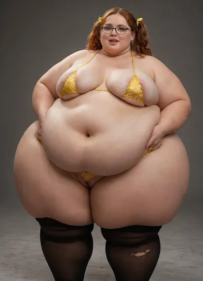 Redhead, two disheveled pigtails, (fat:1.9), 18 year old, (obese:1.9), girl, standing, body to camera, nude, tight pussy, yellow triangle bikini, string patterned panties, (string patterned panties in pussy gap shown), torn tights, extreme flat, wide hips, nerdy glasses, mouth open, flat chested, <lora:flat_chested_v3.5:1>