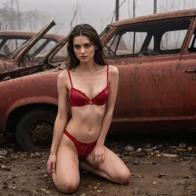 In a foggy, post-apocalyptic car graveyard, a slender model in red satin lingerie crouches between piles of crushed vehicles, her skin contrasted starkly against the corroded metal and peeling paint. The mist wraps around her, while a soft, diffused flash highlights the curves of her body and the glossy fabric of her lingerie.







. adjusting, BadX, bad, anatomy, hands, feet, sokate, wasteland, <lora:streephoto:1>, <lora:badanatomy_SDXL_negative_LORA_SeaArtXL_v1:.9>, <lora:sokate:1>, <lora:Wasteland2-000015:.9>