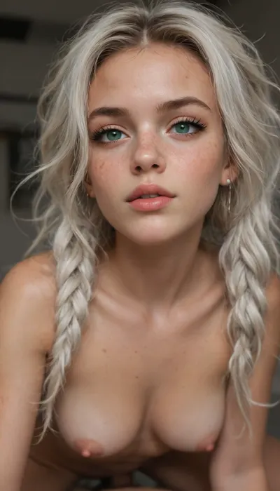 long messy hair, dark skin, big long eyelashes, (skinny), (18 years old), black and white hair, pigtails, medium breasts, anal sex, freckles on face, green eyes
