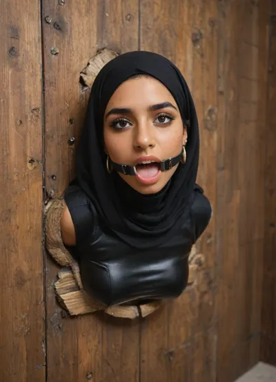 (glory wall:1.3), (bust and head sticking out of glory wall:1.3), (muslim girl trapped in hole in wall:1.5), (stuck in wall up to waist:1.3), massive round silicone tits, latex hijab, black latex gloves, black latex top, (wide mouth spreader ring gag:1.2), alone, (from side), (leaning forward:1.4), horny, happy, eyes closed, wooden wall, (score_9, score_8_up, score_7_up, UHD 8K, masterpiece, best quality, maximum details, natural light, extreme realism, cinematic still)