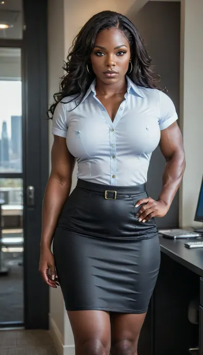 full body view of a voluptuous black African American milf in a dynamic pose, secretary, office building, office worker, (obsidian skin:1.9), (((standing in an office))), ((wearing a button-down shirt and a pencil skirt with a tie and high heels)), ((((full body view:1.8)))), (huge bolt-on tits and fit toned body:1.3), (thick thighs:1.4), powerful legs, (strong legs), (muscular thighs:1.4), ((muscular calves)), (((perfect abs:1.4))), seductive gaze, flawless eyes, (masterpiece:1.2), long messy hair, (perfect hands:1.4), provocative pose, 4ng3l, face, <lora:uberfit_lora_sdxl:.2>, <lora:SDXL_BetterFaces-LoRA_v1:.9>