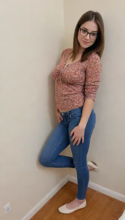 Raw pictures, shy modest curvy woman with glasses leaning against a wall in the office, (thick body:1.2), natural saggy boobs, (A casual chic style with a tucked-in floral shirt, straight-leg jeans, and ballet flats:1.4), bad light, dark light, disheveled hair, hair cut in bob, straight dark brown hair, natural skin, visible pores, freckles, slight acne scars, redness around the nose, and uneven skin texture, high quality, Best quality, realistic, person in the frame but poorly centered, partially cropped out, off-frame composition, head cut off, awkward camera angle, unbalanced shot