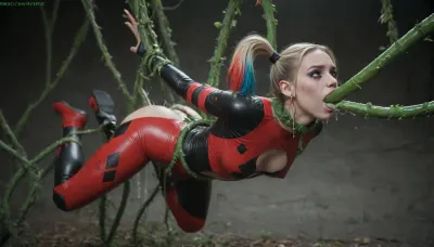 harley quinn, superhero suit, full body, eyes wide open in fear, throat fucked by tentacle, throat bulge, ambient occlusion, vine tentacles, painful, crying, tentacles in mouth, oral creampie, restrained, raised in air, cum squirting from mouth, covered in cum, gagging, suffocating, tentacles in ass, anal penetration, head tilted back, ((vines as tentacles)), ((green tentacles))