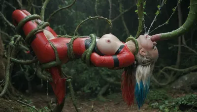 harley quinn, superhero suit, full body, eyes wide open in fear, throat fucked by tentacle, throat bulge, ambient occlusion, vine tentacles, painful, crying, tentacles in mouth, oral creampie, restrained, raised in air, cum squirting from mouth, covered in cum, gagging, suffocating, tentacles in ass, anal penetration, head tilted back, ((vines as tentacles)), ((green tentacles))