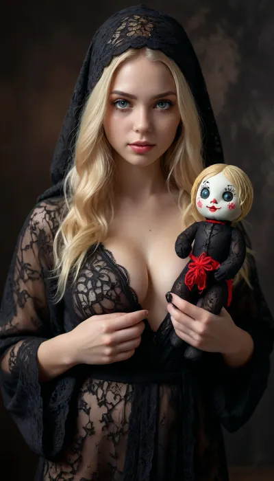 22 year old beautiful nude blond woman wearing black-lace-robe covering her head, holding a voodoo doll, huge breasts, <lora:cfg_scale_boost:.8>, <lora:detailed_notrigger:.8>