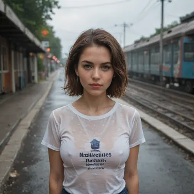 woman, railroad crossing, best quality, masterpiece, illustration, (realistic, photo-realistic:1.37), amazing, finely detail, incredibly absurdres, huge filesize, ultra-detailed, highres, extremely detailed CG unity 8k wallpaper, ray tracing, A close up, realistic picture of a busty english 25yo with light makeup standing in the middle of a wet road after the rain. She is wearing a drenched white school shirt that is clinging to her body, showing the outline of her large breasts. The train crossing barriers are down behind her. The traffic light at the crossing is red. The ground is reflective from the rain, but the sun has just emerged from behind the clouds. The image is highly detailed digital art.
