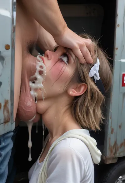 Wide shot, from 25 feet away, side view, Gorgeous 18 year old blonde with light makeup, small firm breasts, small hard nipples, brown eyes, headband, wearing tight jeans and a hooded sweatshirt and hightop converse and backpack, kneeling next to open driver's door of a big rig truck parked at a truck stop, deepthroating the fully dressed driver's giant cock, driver seated in the truck, (sloppy+blowjob+deepthroat+balls deep+vomcum), (crying+gagging+gasping+struggling+breathless+suffocating), (excess cum+cum overflowing from mouth+creampie), (sweat+spit+drool+tears+cum+dripping from her face), (smeared makeup+mascara streaks)