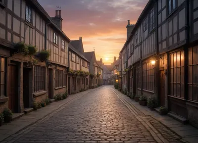 sunrise in medieval english town street