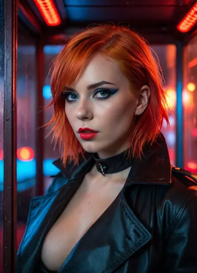 goth girl, leaning, inside phone booth, (black trench coat open), spiked collar, nude, (bright orange hair:1), boobs, muscular, petite, sweaty skin, wind, long, bangs, detailed eyes, cigarette in mouth, smug expression, goth makeup, head tilted, face close up, (dark night), (rain:1.3), (red and blue neon lighting:1.4), 18+, badquality, low, quality, <lora:badquality_v02:2>