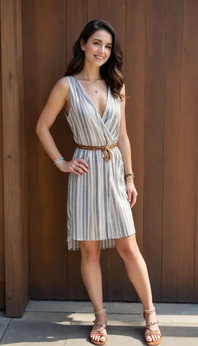 A full-body photo of a tall, athletic and slender Caucasian woman with long legs and elegant posture, standing in front of a sunlit wooden wall. She wears a exteme short just below crotch sleeveless summer dress with white and navy blue vertical stripes, deep v-neck, gold buttons, and a feminine, stylish belt. She wears light brown leather strappy sandals with ankle straps and multiple silver accessories, bracelets, rings, toe rings, necklaces and a signature masculine luxury wristwatch, (similar to a Nautilus), . Her feet feature ornamental tattoos across the top and ankle, but not higher than the ankle. She smiles confidently, relaxed and feminine, in a natural pose. Her hair is pixie length, slightly wavy and dark brunette. The sunlight gives her a healthy, glowing skin tone. Realistic light and shadows, no cropping of body parts, iPhone photo aesthetic, vertical 9, 16., <lora:A_SHort_Cut_v3_SDXL:1.8>