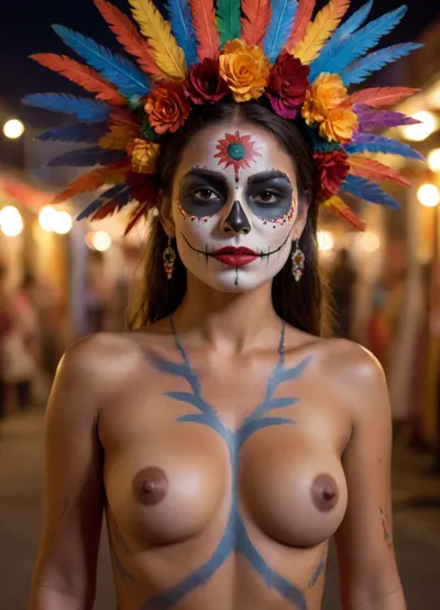 Evening Carnival of the Dead in Mexico, a naked Mexican woman, her body painted with holiday-themed paint, posing for a photo shoot.