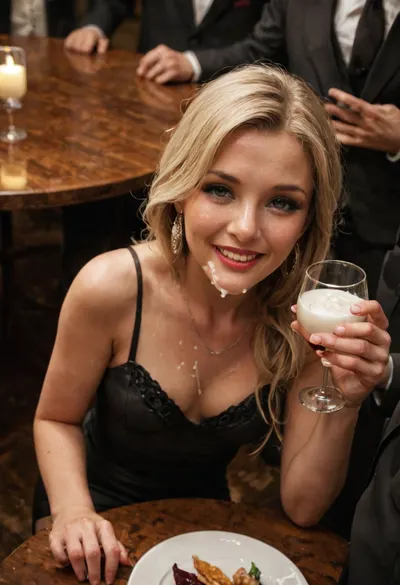 milf bukkake scene in upscale restaurant, slim mature woman with small breasts, long blonde hair, wearing tight-fitting business outfit, seated at elegant dining table, surrounded by multiple men ejaculating on her face and body, public setting, high-end décor, chandeliers, fine dining atmosphere, creamy cum dripping, smiling, eye contact, amateur camera angle, full body in frame, view from slightly above and side, luxurious environment, restaurant guests in background blurred, bold facial expression, classy setting contrast with raw action, flushed skin, high heels visible under table, naughty makeup, one hand gripping glass of wine, bukkake focus, spontaneous public gangbang vibe, dim romantic lighting, intense erotic tension, dark, theme, zavy-rmlght, <lora:SDXLHighDetail_v6-000005:1>, <lora:zavy-rmlght-sdxl:1.3>