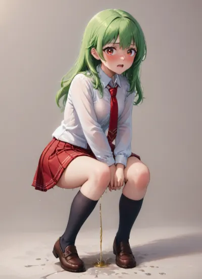 need to pee, 1 girl, solo, blush, hand between legs, socks, long hair, between legs, white shirt, embarrassed, shoes, miniskirt, bangs, tie, blush on nose, open mouth, long sleeves, self peeing, full body, sweat, red skirt, teeth, pleated skirt, knee socks, brown shoes, shiny hair, looking at viewer, side curls, shiny, plain background, collared shirt, black socks, school uniform, wet clothes, green hair, tucked in shirt, (have_to_pee-v1:1)