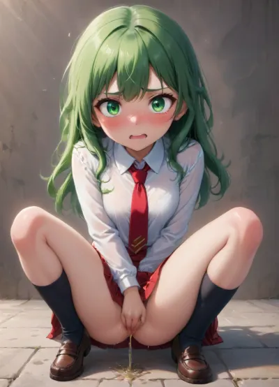 need to pee, 1 girl, solo, blush, hand between legs, socks, long hair, between legs, white shirt, embarrassed, shoes, miniskirt, bangs, tie, blush on nose, open mouth, long sleeves, self peeing, full body, sweat, red skirt, teeth, pleated skirt, knee socks, brown shoes, shiny hair, looking at viewer, side curls, shiny, plain background, collared shirt, black socks, school uniform, wet clothes, green hair, tucked in shirt, (have_to_pee-v1:1)