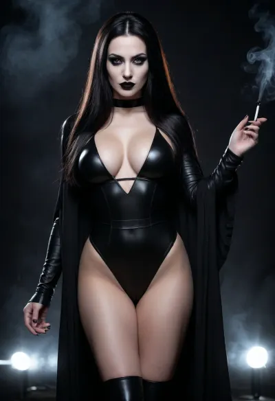 Evil sorceress, dark, black and white, long straight black hair, high-contrast, sexy, full body, close up, (black robes), (black leather leotard), (black lipstick), ((large breasts)), gothic, cinematic, fashion, dramatic lighting, intense gaze, powerful, sexy pose, dark background, night, vintage, smooth skin, expressionless, detailed, 9k, vibrant colors, high resolution, hyperrealistic