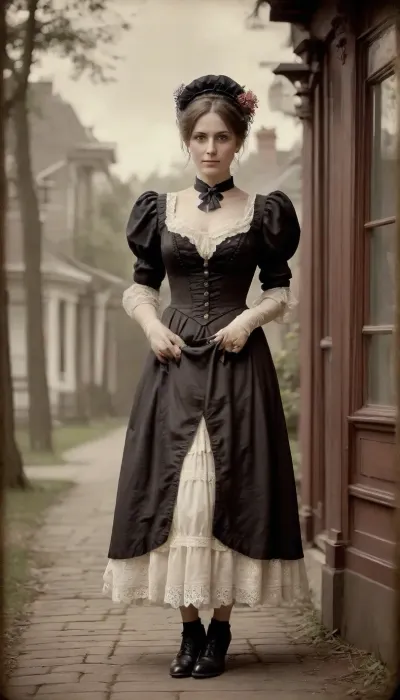 (attractive woman:1.3), (45 years old:1.6), (long dress:1.1), pretty victorian lady, (panties down:1.3), outdoor, ((19th century vintage Victorian photography:1.5), tintype, dry plate, grainy, real, (facing camera:1.2)), (skirtlift:.03), J.C., Leyendecker, Style, page, <lora:skirtlift_xl:.03>, <lora:J.C. Leyendecker Style:.5>