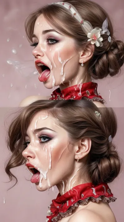 Young woman dressed and made up for wedding. Her face is striking and unusual — delicate yet surreal. Bold sexy makeup highlights her features, painted teardrops, red nose, intricate eye designs. Expression is hauntingly emotional — a smile with sadness behind it. Her beauty is unique, with asymmetry or unexpected charm. Ruffled collar frames her neck, colorful outfit contrasts with the subtle intensity of her face. Soft, moody lighting enhances every detail, (doggy style With man:1.5), (side view:1.5), (screaming:1.6), (cum ejaculation everywhere:1.6), (saliva:1.4), (gangbang:1.3)