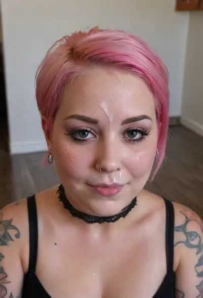 3/4 body shot of happy chubby cute young pink haired woman with short hair and nose piercing and tattoos wearing goth clothing with gallons of thick cum on her forehead, facial, <lora:Facials:.5>, <lora:JustCum:1>, facialized, superfacialized, <lora:facialized:.8>