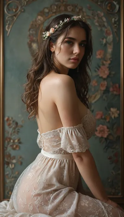 Rating_explicit, ultra realistic studio photo portrait of nude woman styled like a muse, huge breasts, sitting gracefully near a decorative wall, sheer translucent gown falling off her waist, delicate jewelry and a floral crown, long flowing hair cascading down her back, elegant art nouveau backdrop with swirling golden patterns and floral motifs, soft diffused lighting, pastel color palette, ethereal mood, moody shadows, graceful pose, DSLR 8k realism, modern nude photography, (a wrought iron arch with flowing art nouveau patterns inspired by Alphonse Mucha on background:1.2), (dramatic cold light from the left side, dramatic rim light from the right side:1.4), pastel colors, floral abundance, cinematic atmosphere, professional editorial fashion photo, 8k realism, detailxl, klimt, gold, <lora:add-detail-xl:.8>, <lora:detailed_notrigger:.8>, <lora:KlimtStyle:.8>, <lora:MJ52:.8>