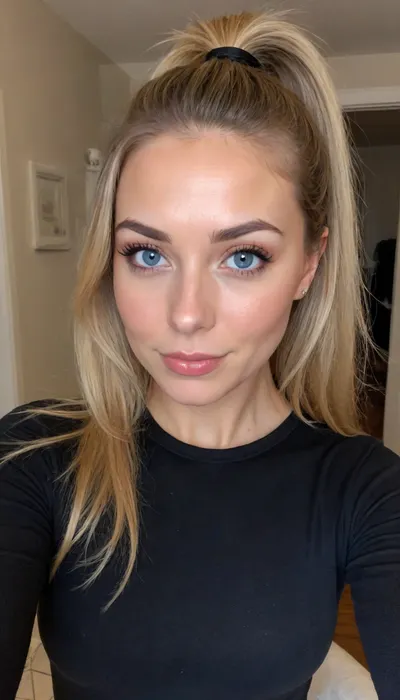 ((ultimate quality:1.5)), score 9, score 8, iphone bathroom mirror selfie, form-fitting black sweater dress with lace seams, long sleeves, sheer dark pantyhose, tack sharp, UHD, Uncomfortable, shy pose, vulnerable, please stop, mobile selfie, full mirror selfie, bathroom mirror selfie, black winged eyeliner, nice smile, side smile, smouldering look, Picture taken at unique angles, sexy selfie, funny selfie, silly face, Instagram selfie, Facebook selfie.

About her, She is 39 years old female mom, wife, her height is 175cm., ((smokey blonde thick hair in a messy ponytail)), .
long round oval face, blue eyes, ., (small bust), size b breasts, sagging tits, perky little breasts, Sun Tanned skin.
Hair up in a ponytail., very, dark, focused, flash, photo, <lora:sdxl_darkflash_v6-000060:1>