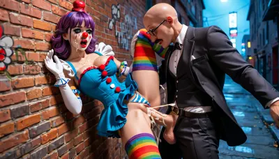 (1 male and 1 female only), (Female, sexy clown woman, clown makeup, white makeup, full face makeup, mascara running, female red clown nose, silly, excessively beautiful, dressed like hooker, fully clothed, purple wig, tiny hat., (opaque, striped, rainbow stockings), bimbo, thick lips, small waist, large breast, perfect butt, perfect tits, perfect nipples, perfect pussy, wet pussy, goddess body, blue corset, small ruffles blouse, tiny blue skirt, white gloves), pushed against wall, forced against wall, face to wall, fucked from behind, standing, vaginal sex, massive cock, fat cock, open mouth, cum covering face, excessive amounts of cum on face, (cum:1.6), cum covering tits, excessive cum on tits, panties pulled to side, breasts out of corset, spread legs, horny, ecstacy, (male, circus strongman, bodybuilder, giant, (giant:1.6), bald, thick mustache, normal nose, suit), dirty alleyway, filthy alleyway, brick wall, graffiti, night, midnight