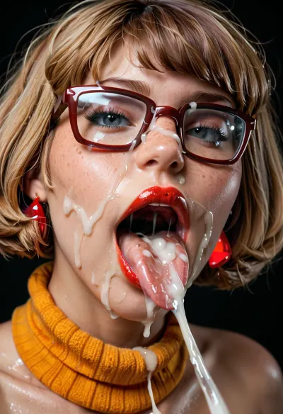 Solo woman, picture of an open mouth with red lipstick, natural skin with pores and freckles, only mouth is visible, extreme close-up, zoom in, huge thick wet 9 inch dick resting on tongue, cum ejaculates out of dick, tongue sticking out, oral cumshot, projectile cum, cum on tongue, black background, (blonde velma), facialized, superfacialized, woman, cum, on, face, <lora:facialized:1.9>, <lora:JustCum:1.9>