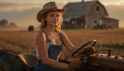 (warm ambient light:1.5), portrait, a deeply tanned 21-year-old blonde sits on vintage tractors driver seat, slightly spreading tanned legs, ((deeply tanned:1.3)), sexy solo working farm-girl is driving a vintage tractor across a field. She is wearing overalls but no shirt, a tattered cowboy hat, work boots, and work gloves, ((gazing intently over the field)), ((silent smile, lost in thought)), perfect face, perfect hands, realistic sweaty skin, the tractor is kicking up a lot of dust behind it, (perfect vintage tractor:1), sunny day, ((midsummer)), The background of fields and an old farmhouse in the distance is blurred due to very shallow depth of field, depth blur, the whole picture is designed by the technical parameters to create a warm romantic atmosphere, key visual, highly detailed, morning light, cloudy, smoke, atmospheric, clouds, fog, vibrant, dream, pale, reality, sunlight_str1, Midwest, Farm, Girl, <lora:Cloudy_Style:1>, <lora:vibrant_dream:1.5>, <lora:MJ52:.8>, <lora:sunlight_str1-SDXL_v1-dim64-steps1691:1.1>, <lora:Midwest_Farm_Girl:.8>