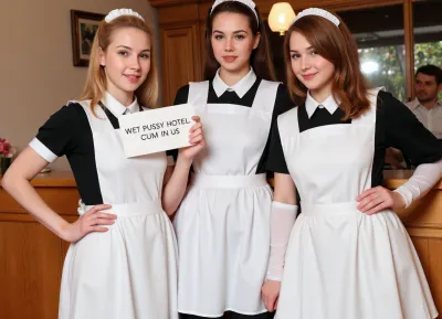 Three petite young women, wearing maid uniforms, different haircolors, standing at a hotel reception.
They hold a sign with text "WET PUSSY HOTEL, CUM IN US".