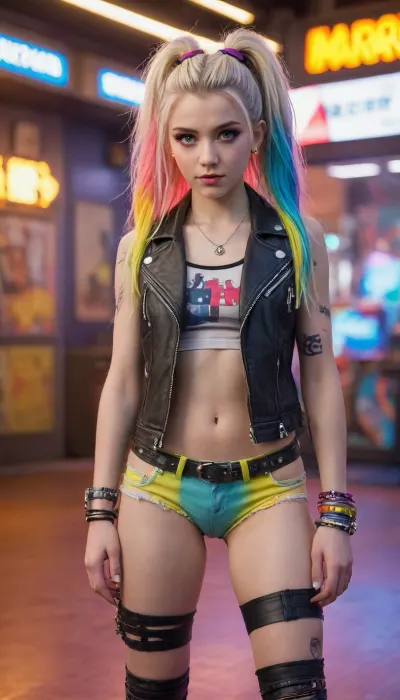 full body shot punk rocker Luna snow de marvel rivals, luna tiene 18 años de edad, cara hermosa, (ojos claros), (Blue eyes), piel muy blanca, cuerpo completo., trasero grande, pequeña cintura, (((long multicolor hair), (blonde hair))), punk rock school girl outfit, (in a neon music concert), <lora:580159_training_data:1.7>, <lora:668315_training_data:.1>, <lora:Microwaist_XL_v01:.7>